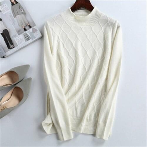 100%cashmere knit women fashion half high collar argyle slim short pullover sweater solid color S-L