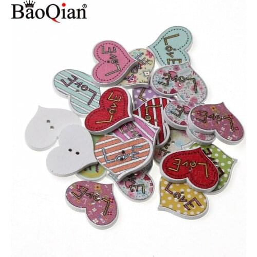 50pcs 20x25mm Mixed Love Heart 2 Holes Wooden Button For Clothing Craft DIY Needlework Scrapbooking Button Sewing Accessories