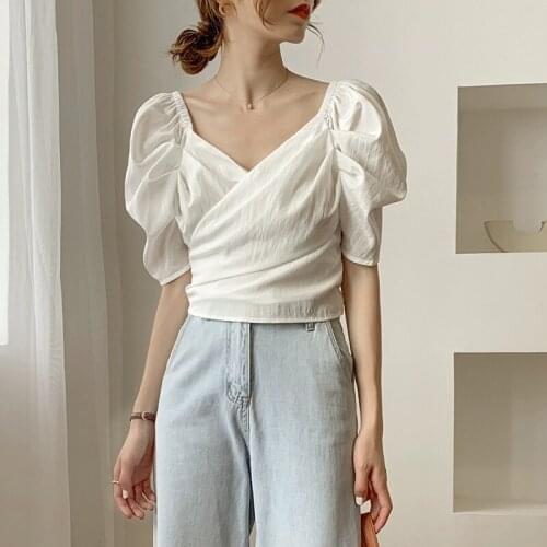 Puff Sleeve Women Blouses Summer 2021 V-neck Lace Up Short Shirts Chic Elegant Tops Solid Casual Chiffon Blusas Femme New 14277