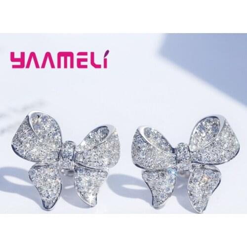 Korea OL Stylish Full Austrian Crystal CZ Earrings Pendientes Fine 925 Sterling Silver Bowknot S925 Silver Jewellery
