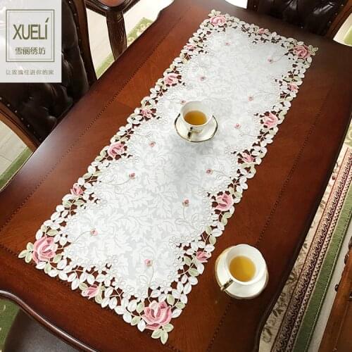 Lace Rose Elegant Embroidery Table Runner Pastoral Fabric Tea tablecloth, Luxury Table mat table Cover for decoration