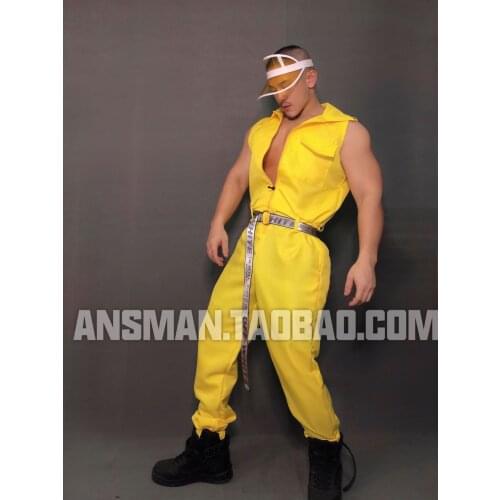 Bar Nightclub Mens Womens Gogo Clothing Sexy Ds Yellow Singles Theme One-Piece Overalls Costume New Jogging Jumpsuit Tracksuit