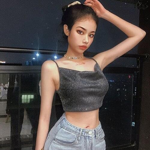 Womens Sleeveless Sexy Backless Camisole Fashion Slim Fit Sling Bottoming Strapless V-neck Shirt Glitter Casual Vest Tank Tops