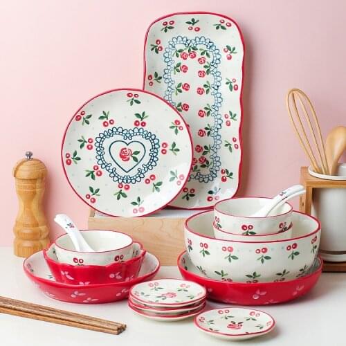 Pink Plate Sets Kawaii Round Porcelain Plate Sets Dessert Fruit Salad Sauce Dish Assiette Porcelaine Tableware Set EH50PS