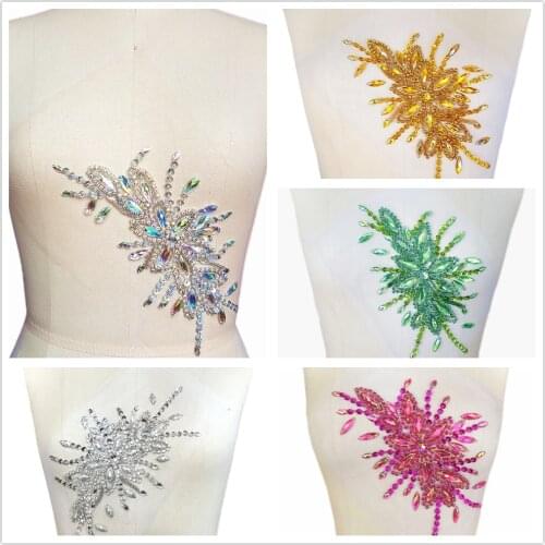 GODDESS Gift Pink 16x28cm Sew-on Rhinestones Crystal Sequin AB Beaded Appliques Patches for Wedding Dress accessories Decoration