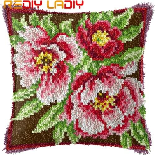 Latch Hook Cushion Peony Flower Pre-Printed Canvas Cushion Front Acrylic Yarn Crochet Pillow Case Kit Sofa Bed Pillow Home Decor