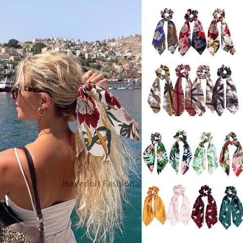 2021 New Bohemian Print Hair Scrunchie Bows Ponytail Holder Hairband Bow Knot Scrunchy Women Girls Hair Ties Hair Accessories