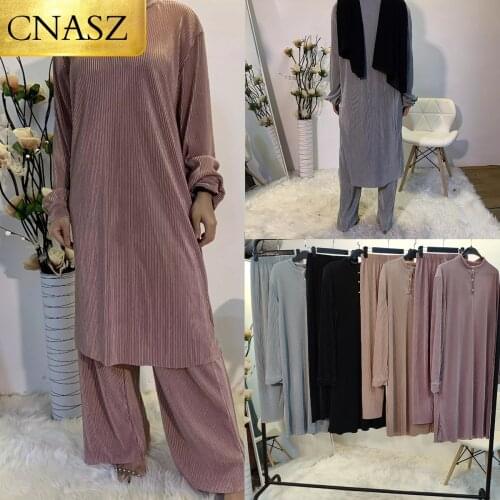 Solid Women Clothing New Muslim Pleated Blouse Pant Two-Piece Set Women Islamic Clothing Dubai Fashion Ramadan Femme Musulmane