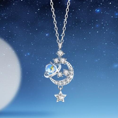 925 Sterling Silver Moonstone Planet Star Charm Pendent Necklace For Women Girls Party Wedding Jewelry Choker dz305