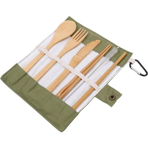 Portable Eco Friendly Flatware Set 7PCS Bamboo Cutlery Set Knife Fork Spoon Reusable Straws Chopsticks Bamboo Travel Utensils