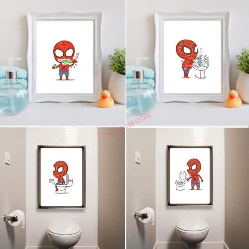 Marvel Poster Batman Superheroes Print Canvas Painting In The Toilets Take a Bath Brush Teeth Funny Hero for Bathroom Decoration