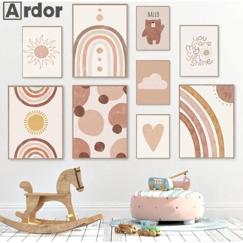 Boho Sun Rainbow Cloud Bear Heart Wall Art Poster Baby Nursery Art Prints Quotes Canvas Painting Nordic Pictures Kids Room Decor