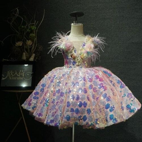 Real Picture Sparkly Bling Bling Pink Sequin Toddler Girls First Communion Dresses Gowns Pink Feather Children Girls Dresses