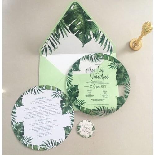 Luxury Engagement Wedding Invitation Cards Wedding Favor Transparent Palm Leaf Green Envelop Round Shape with Sticker
