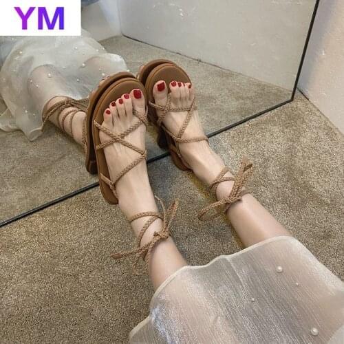 Womens Shoes and Slippers Cross Outdoor 2021 New Summer Flat Heel High Heel Fashion Lace Up Shiny Slip-on Toe Strap Sandals