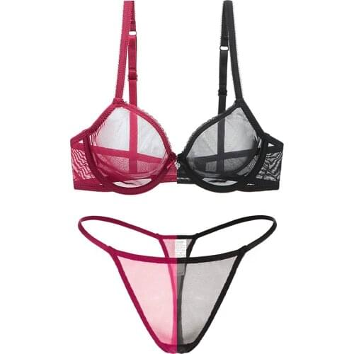 Sexy strappy thong V-string ultra-thin breathable see through underwire bra ladies 2 pieces/set underwear CYWHR