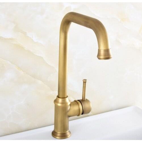 Vintage Retro Antique Brass Bathroom Kitchen Basin Sink Faucet Mixer Tap Swivel Spout Single Lever One Hole Deck Mounted msf818