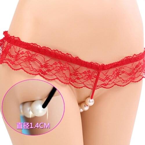Women Sexy Lace Panties Open Crotch Thong G-Strings with Pearls Massaging Bead Crotchless Erotic Underwear for Sex Lingerie Toys