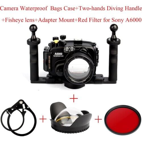 Waterproof Camera Housing Bags Case for Sony A6000 With 16-50mm Lens + Fisheye Lens+Adapter Mount+Two-hands Handle+Red Filter