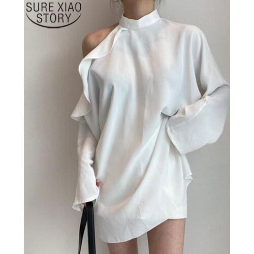 Korean Chic Vintage Blouse Women Off Shoulder Ruffle Tops Stand Collar Lace Up Waist Long Sleeve Shirt Women Loose Blouse 12090