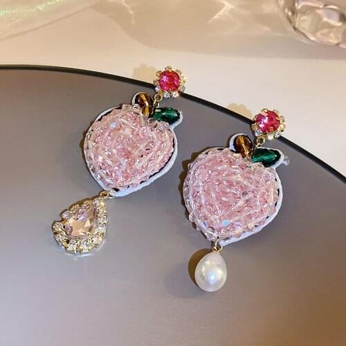 Origin Summer Fairy Pink Color Crystal Honey Peach Dangle Earrings for Women Spark Rhinestone Irregular Pearl Earrings Jewelry