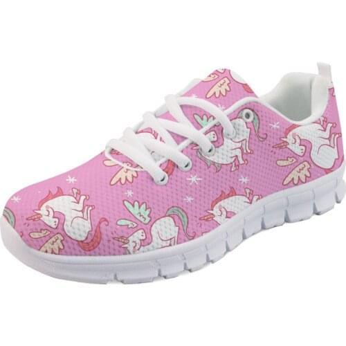 WHEREISART Cartoon Unicorn Printed Women Flat Shoes Ladies Fashion Lace-up Sneaker Shoes For Girls Cute Breathable Footwear
