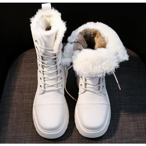 2021 Women Snow Boots Beige Plush Warm Fur Causal Boots Shoes Sneakers Ankle Booties Platform Thick Sole Lace Up Winter Shoes