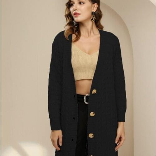 Women Cable-knit Sweater Adults Button-down Solid Color Long Sleeve V-neck Cardigan