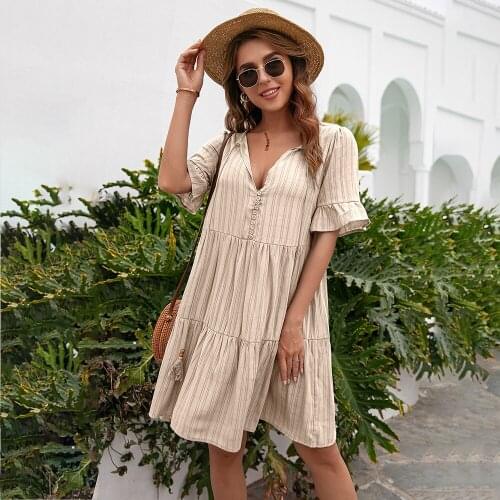 2021 Summer New Womens Sexy V-neck Lace Up Half Sleeve Knee-length Dress Fashion Casual Solid Button Ruffle Beach Loose Dresses