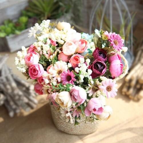 2 bundles Silk Artificial Peony Flowers Small Tea Rose Mini Bouquet Fleur Floral Home Wedding Desktop Decoration Fake Flower