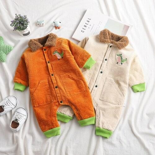 2020 Winter Baby Boys Thicken Bodysuits Cartoon Warm Todder Corduroy Romper Dinosaur Print Plus Velvet One-Pieces for Boy New