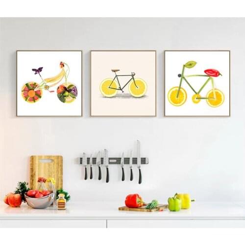 Abstract Painting Creative Fruit Bicycle Art Lemon Orange Bicycle Poster Kitchen Restaurant Simple Creative Decorative Painting