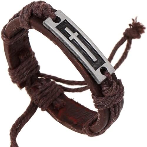 Cross Alloy Woven Unique Design Punk Cuff Bangle Fashion Vintage Brown Rock Leather Bracelets Women Men Jewelry Accessories