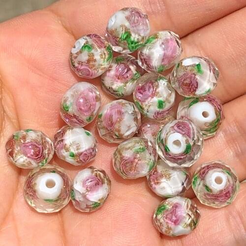 10mm Murano Transparent Faceted Rondelle White Flower Lampwork Crystal Glass Beads For Bracelet Making Women Diy Accessories