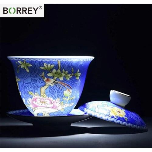 BORREY Bone China Gaiwan Ceramic Teapot Cup With Saucer Hand-painted Tea Bowl Tureens Chinese Kung Fu Tea Ceremony Set Teapot