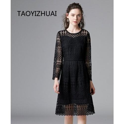 Black water soluble dress French fashion three dimensional modeling lace show thin fat sister versatile casual brand clothing