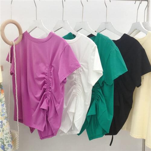 Short-sleeved T-shirt Female 2021 Summer New Korean Version Loose Drawstring Irregular Design Sense Western Style Clothes