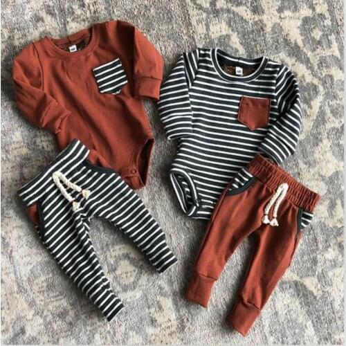2021 Autumn Spring Baby Boys Striped Clothes Set Long Sleeve O-neck Romper Drawstring Waist Trousers Cotton Babys Sets
