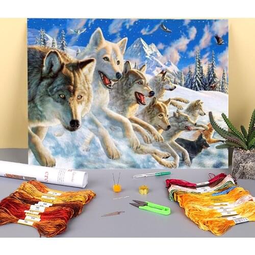 Wolf Animal Winter Printed Canvas 11CT Cross-Stitch Embroidery Complete Kit DMC Threads Knitting Hobby Painting Adults