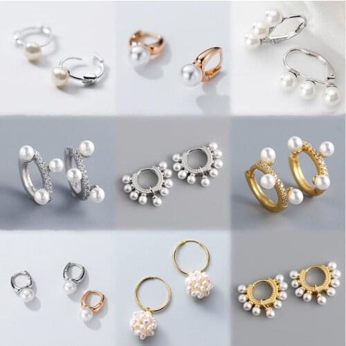 PONYKISS Classic S925 Sterling Silver Round Pearl Zircon Huggie Hoop Earrings for Women Party Accessory Minimlist Jewelry