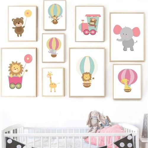 Cartoon Balloon Train Lion Bear Elephant Nordic Posters And Prints Wall Art Canvas Painting Animal Wall Pictures Kids Room Decor