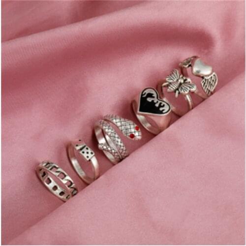 Punk Gothic Silver Color Butterfly Finger Ring Set for Women 6PCS Heart Wing Angel Wings Cupid Charms Rings Jewelry Anillos
