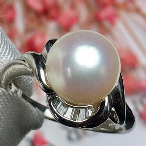 Real Pt900 100% Nature diamonds and Japan Origin Akoya Pearl 9.1mm Females' Fine Rings for Women Fine Jewelry