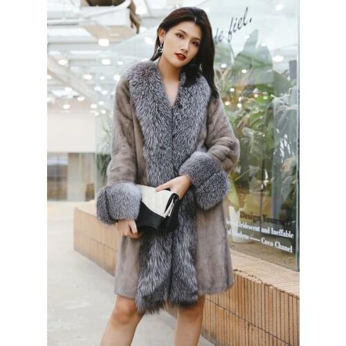 Customizable whole mink coat mid-length big fox fur collar mink fur coat New imported female mink fur