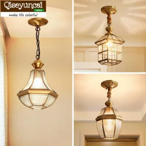 Qiseyuncai 2018 new American Country Restaurant Full Copper Chandelier Single Head Glass Balcony Aisle Corridor Entrance Lights