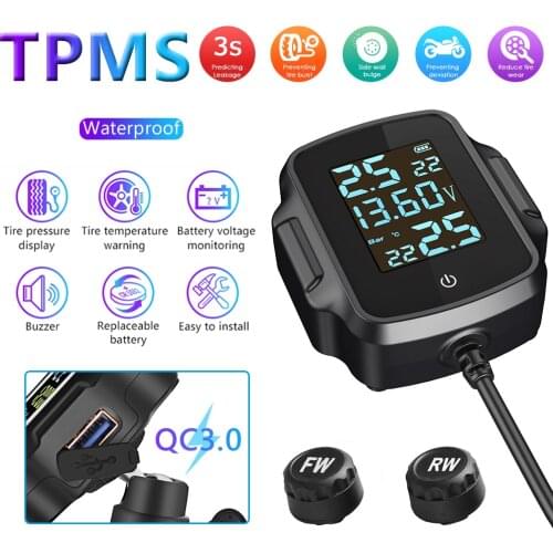 Motorcycle TPMS Motorbike Tire Pressure Monitoring System Tyre Temperature Alarm System with QC 3.0 USB Charger for Phone Tablet