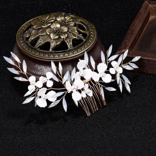 Gold Tiara Hair Combs Pearls Crystal Women Hair Jewelry Milk Rhinestone Handmade Flower Bridal Wedding Hair Accessories Party