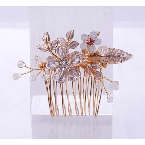 Women Gold Hair Comb Handmade Flower Crystal Wedding Hair Accessories Hair Forks Hair Pin Tiara Hair Ornaments Fashion Jewelry