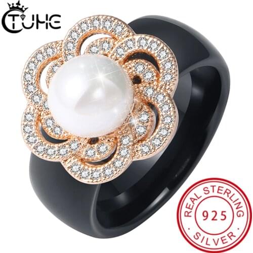 100% S925 Sterling Silver Women Rings Iced Out CZ Crystal Flower Pearl Ceramic Rings Healthy Never Fade Fashion Jewelry Gift