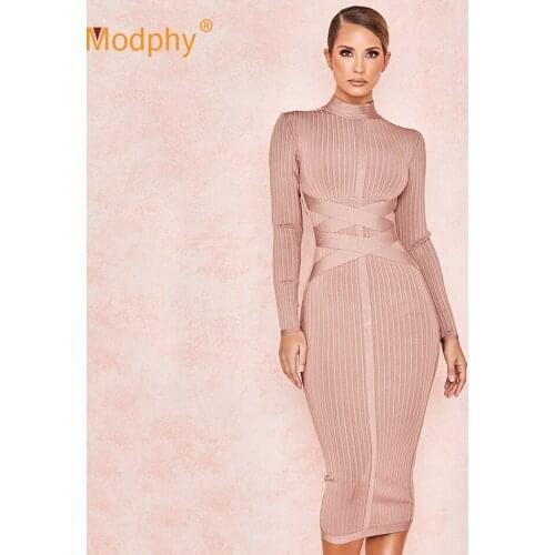 2020 Autumn Fashion New Womens Bodycon Bandage Dress Sexy O-neck Long Sleeve Striped Runway Celebrity Club Midi Dress Vestidos
